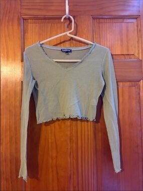 Brandy Melville Light Sage Ribbed V-Neck Lettuce-Hem Crop Top